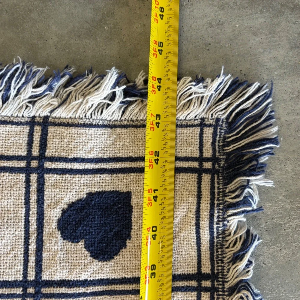 Vtg Woven Tapestry Throw Blanket Navy Blue Cream Folk Art House Heart Fringe